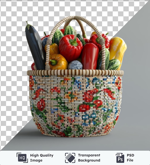 PSD psd zdjęcie ramadan tradycyjny zbiornik warzyw z koszykiem z przędzy wypełnionym różnorodnymi kolorowymi warzywami, w tym czerwoną papryką, żółtym squashem i czarnym bakłażanem umieszczonym na