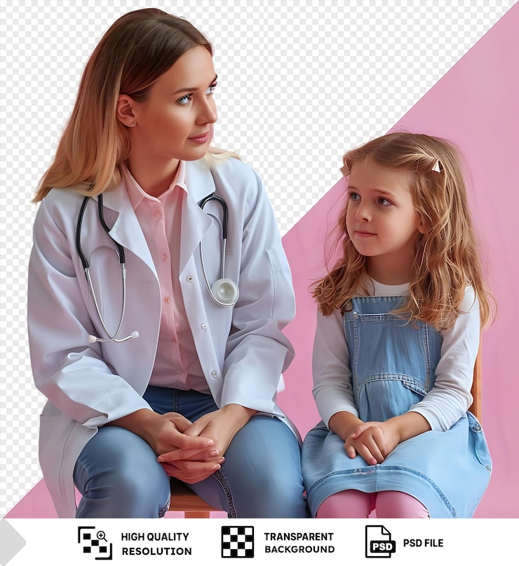 PSD psd zdjęcie uważny lekarz badający przerażonego pacjenta pediatrycznego przed różową ścianą w różowo-białej koszuli i niebieskich dżinsach z długimi brązowymi i blond włosami i png