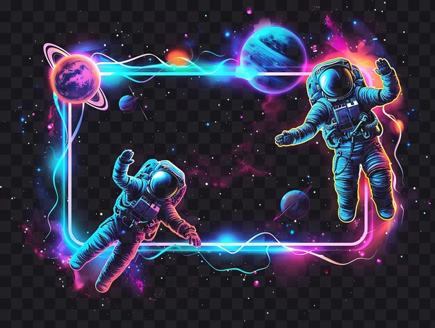 PSD psd zigzag lines light neon frame with astronauts and planets ar outline collage art transparent