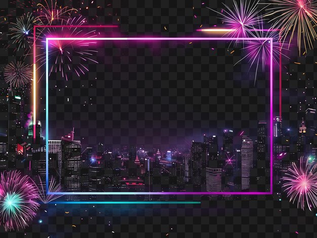 Psd zigzag lines light neon frame con cityscape e fuochi d'artificio un contorno collage art transparente