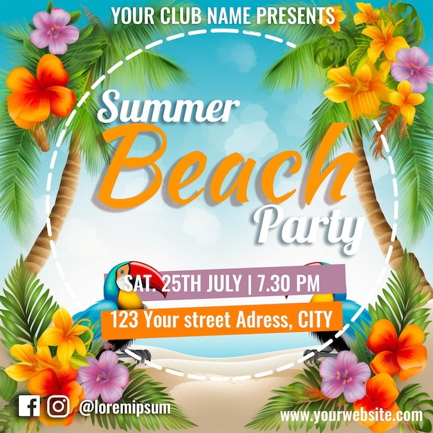 PSD zomer strandfeest achtergrond met palmboom bloemen vogels en prachtige kleuren evenement