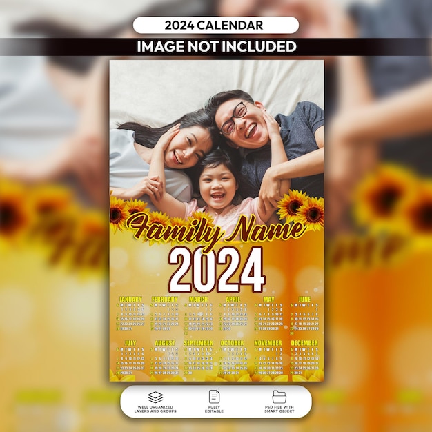 Psd zonnebloem thema familiekalender 2024 lay-outsjabloon