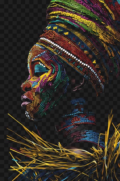 Psd of zulu woman portrait wearing a traditional beaded headdress a tshirt design collage art ink