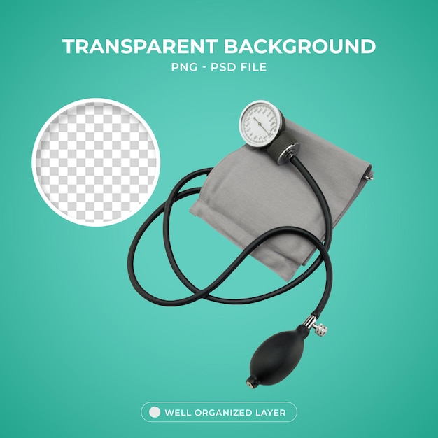 Psd zwarte en grijze sfygmomanometer Transparante achtergrond met 3D Brain Element Object