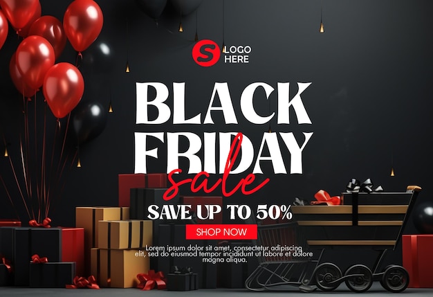 PSD zwarte vrijdag verkoop banner sjabloon en achtergrond ontwerp met zwarte vrijdag ballonnen