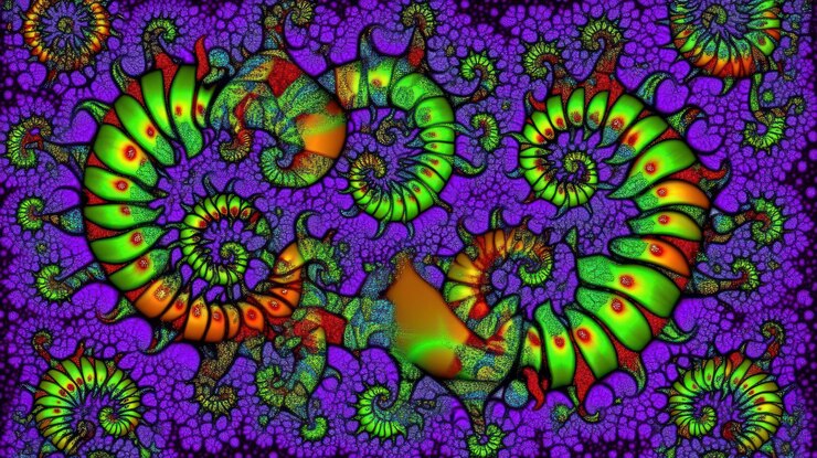 PSD psychedelic fractal art featuring vibrant spirals and organic shapes on a purple background