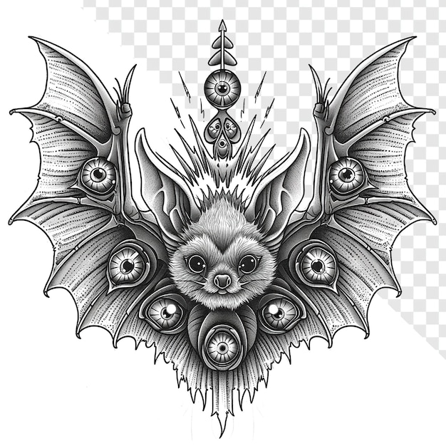 PSD psychedelic symmetrical bat with human eyes tattoo flash with transparent background