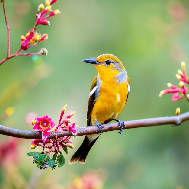 PSD ptak z żółtą głową i czerwonymi piórami siedzi na gałęzi z kwiatem w tle
