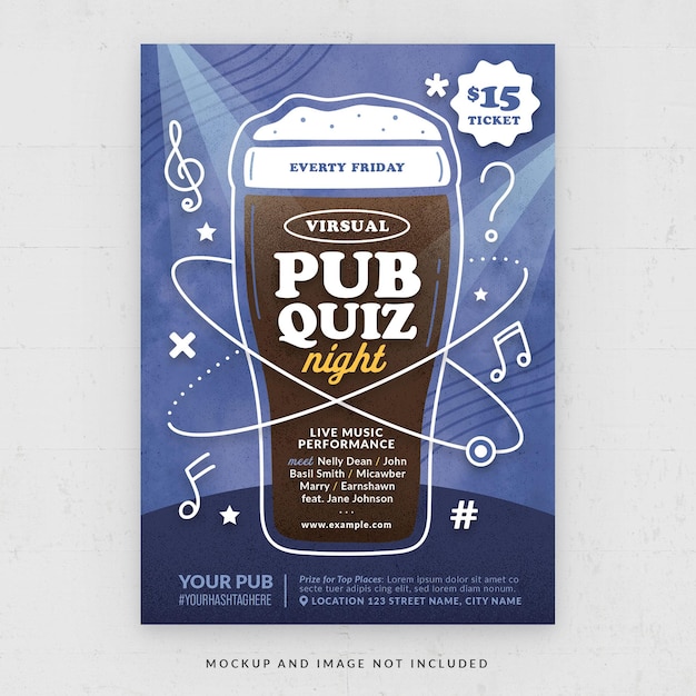 Pub quiz night event flyer template in psd