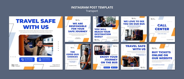 PSD collezione di post instagram di trasporto pubblico di autobus con forme geometriche