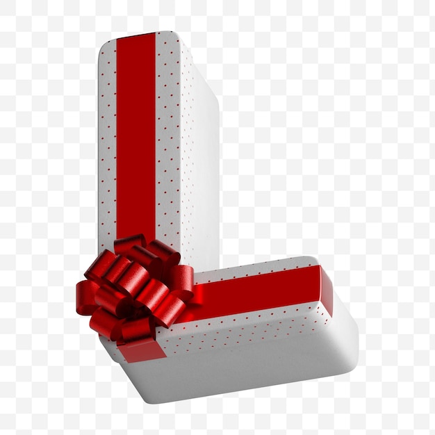 PSD pudełko na prezent z literą alfabetu zawinięte w biały papier z luksusową czerwoną kokardą na białym tle