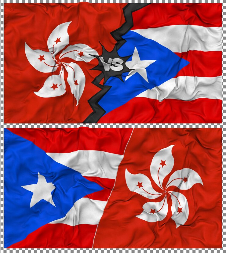 PSD puerto rico vs hong kong half combined flag cloth bump texture rendering 3d (puerto rico przeciwko hong kongu)