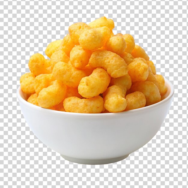 PSD puffed corn snacks cheesy in white bowl isolated on transparent background