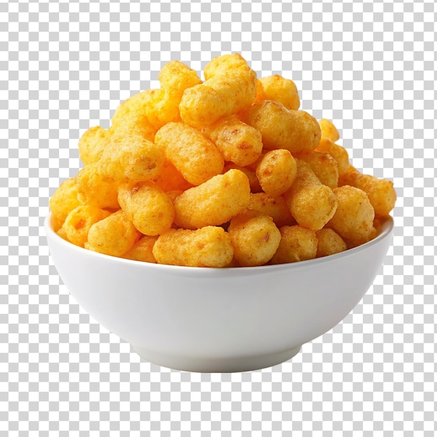 PSD puffed corn snacks cheesy in white bowl isolated on transparent background