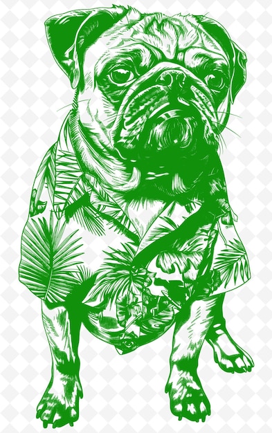 PSD pug in a hawaiian shirt looking fun and carefree poster desi animals sketch art vector collections