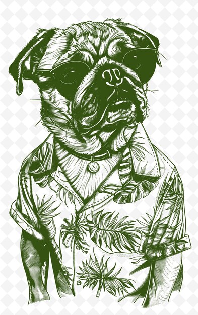 PSD pug w hawajskiej koszuli wyglądający zabawnie i beztrosko poster desi animals sketch art vector collections