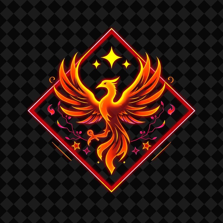 PSD pulsating neon in a diamond shaped badge with a phoenix silhouette and sharp edges inside decorate