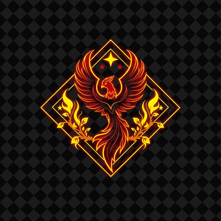 PSD pulsating neon in a diamond shaped badge with a phoenix silhouette and sharp edges inside decorate