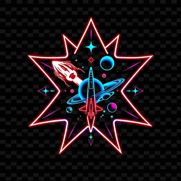 pulsating neon on the edges of a star shaped badge with cosmic patterns inside is decorated with a