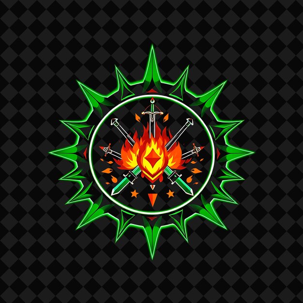 pulsating neon outlining a spiked circle with sharp points inside contains fire swords and stars