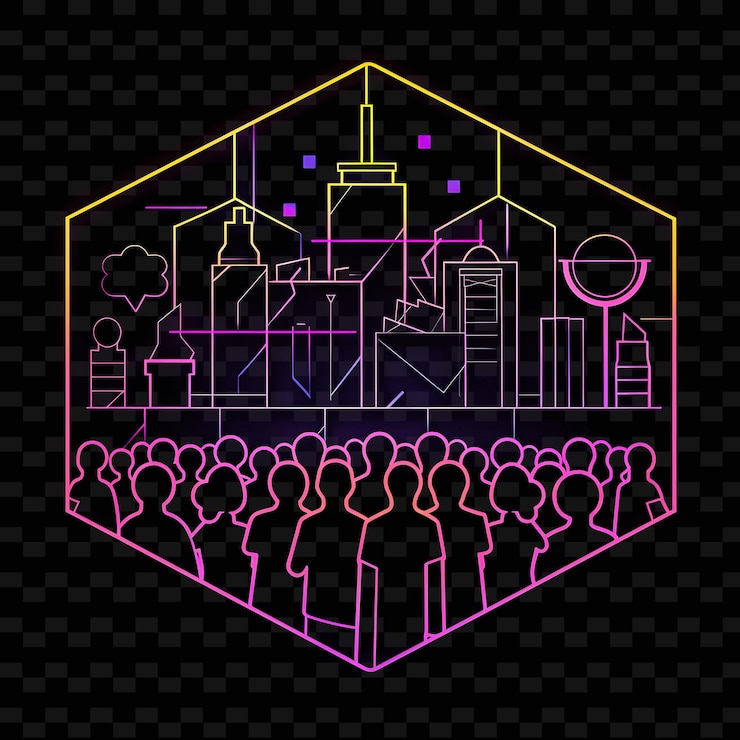 PSD pulsating neon referendum with voters and signs landscape in neon line art landscape background
