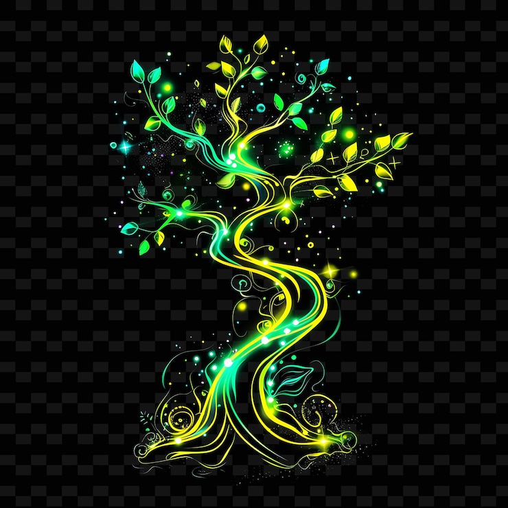 PSD pulsating neon waves shaping an enchanted tree with neon lim png creative neon line art designs