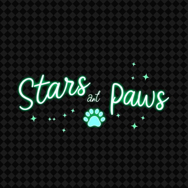Pulserende sterren en poten Tekst in neon smaragdgroen en knapperig wit met een luminescerende paw pri