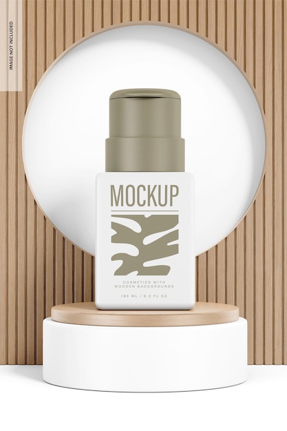 pump bottle with wooden background mockup, front view