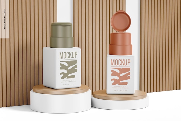 Pump bottles with wooden background mockup, on podium