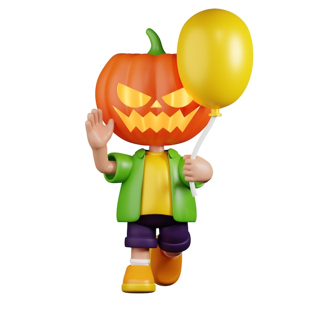 PSD pumpkin holding a balloon 3d cartoon pose