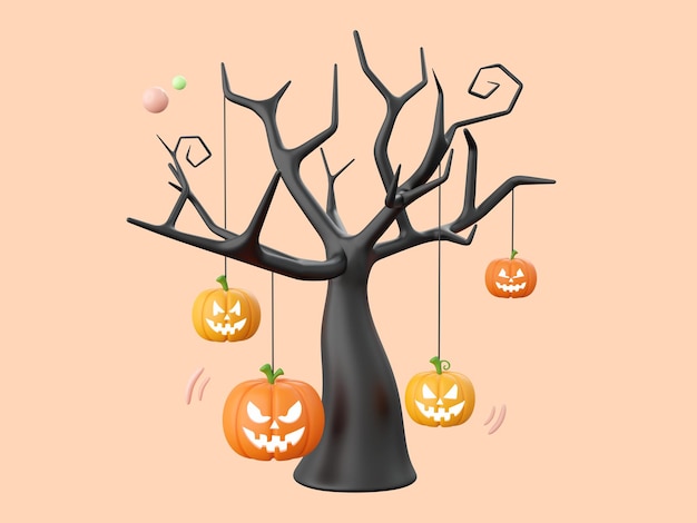 PSD pumpkin jack o lantern with dead tree halloween theme elements 3d illustration