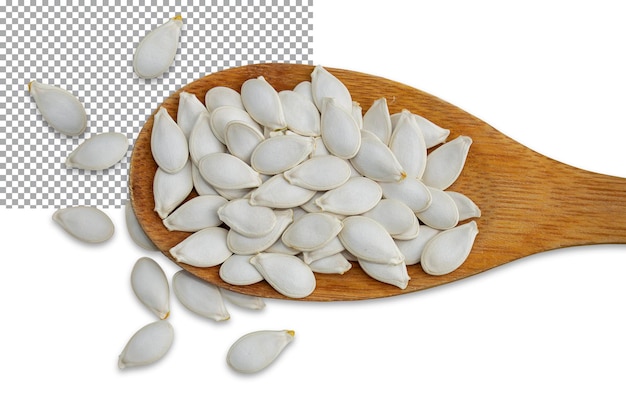 PSD pumpkin seeds lie in a wooden spoon around the spoon isolated on a transparent background