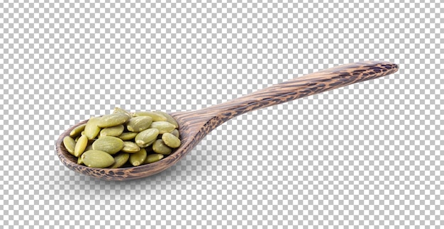 Pumpkin seeds in wood spoon isolated on alpha layer