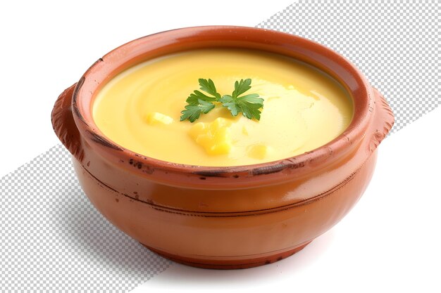 PSD pumpkin soup in clay pot on transparent background