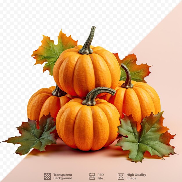 PSD pumpkins in a group rest on maple leaves transparent background color image