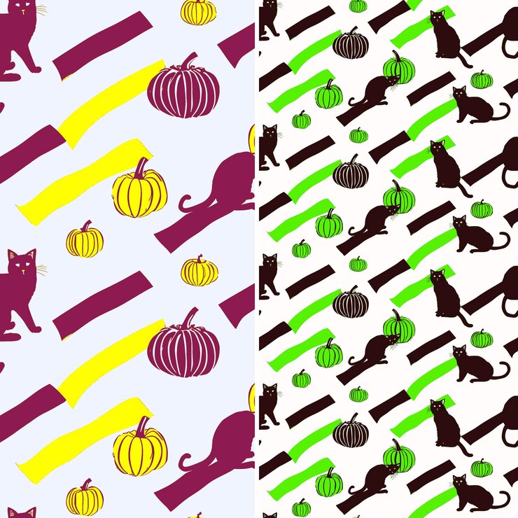 PSD pumpkins with halloween cat silhouette and bold design with illustration vector pattern designs