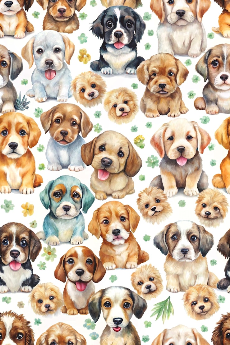 PSD a puppy and leaves pattern with transparent background