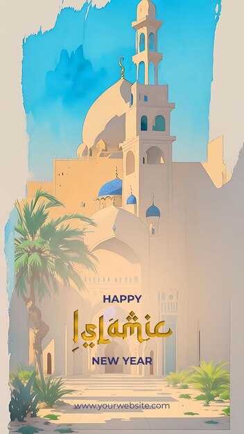 이슬람 신년 축하를 위한 순수하고 최소한의 수채화 모스크 그림