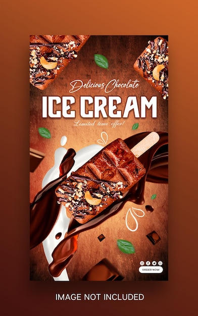 PSD pure chocolade-ijs met chocolade en melk splash sociale media sjabloon instagram postontwerp