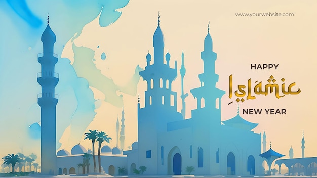 PSD pure and minimal watercolor mosque illustration banner for the islamic new year celebration