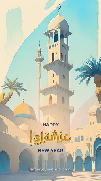 Pure and minimal watercolor mosque illustration for the Islamic new year celebration