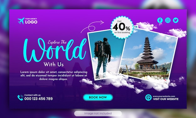 A purple ad for a travel website with a picture of a man and a woman.