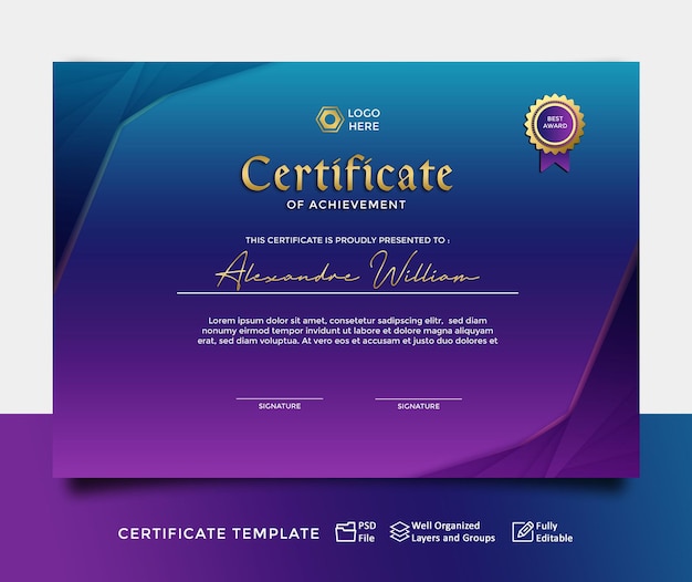 PSD 紫と青のモダンな証明書テンプレートデザインまたはデジタル証明書技術のlanscape