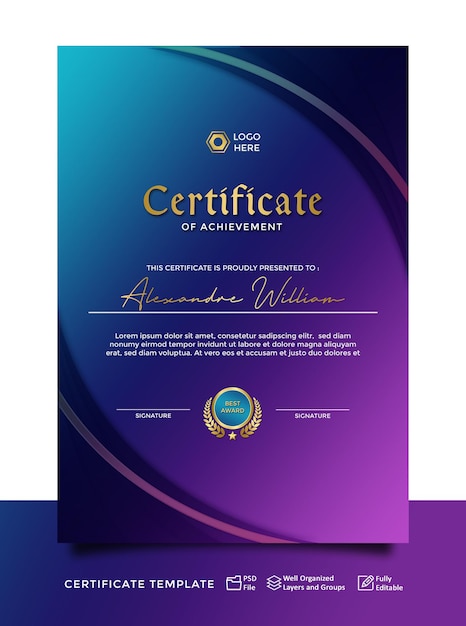 Фиолетовый и синий современный дизайн шаблона сертификата или портрет технологии цифрового сертификата 5