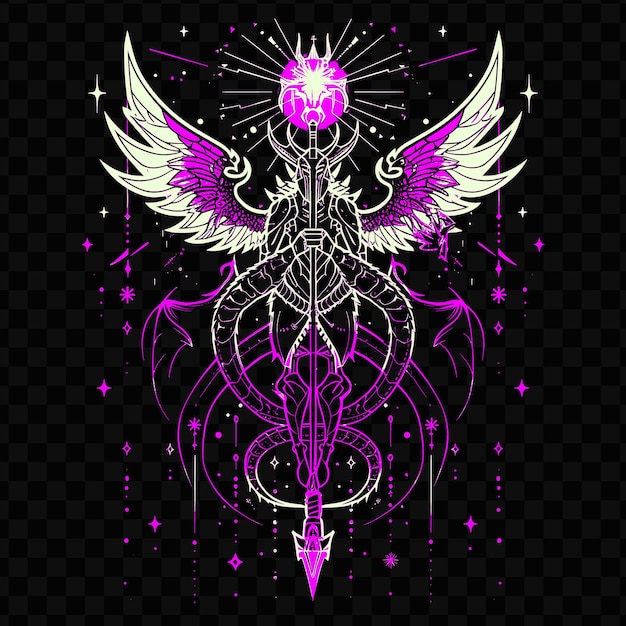 A purple angel with wings and a purple heart on a black background