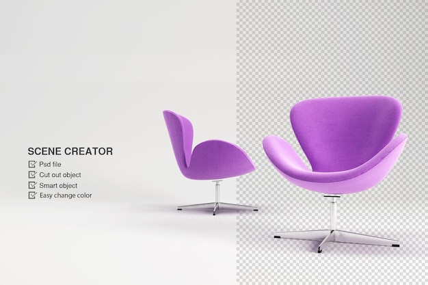 Purple armchair in 3d rendering isolated