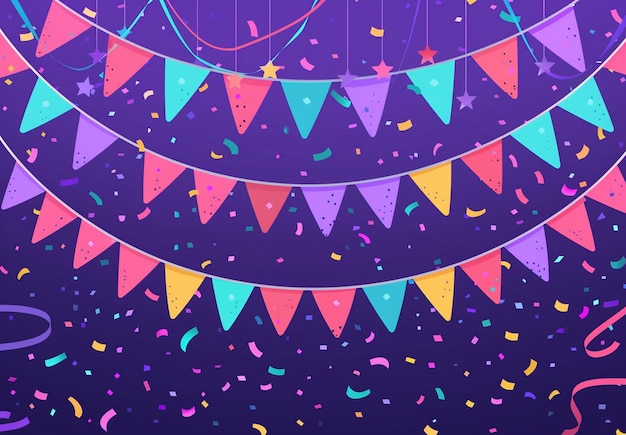 purple background with colorful flags and confetti suitable for festive events or celebration theme