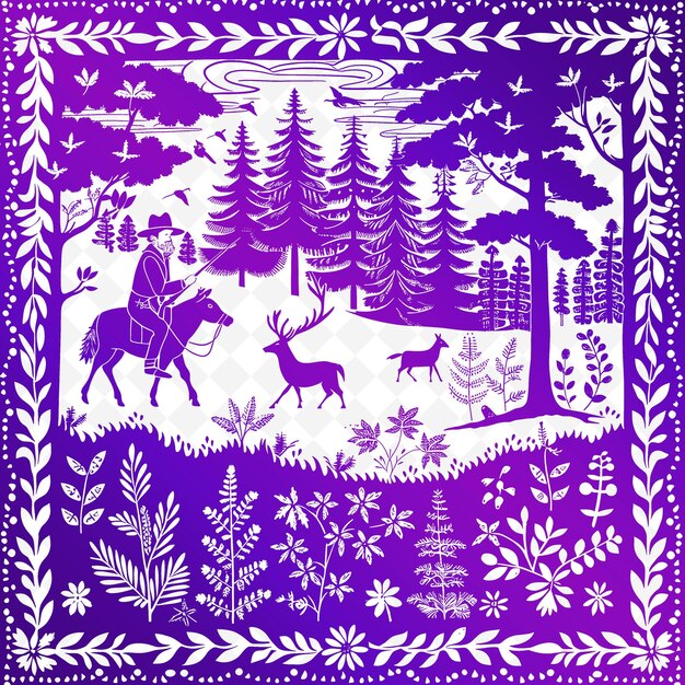 A purple background with a deer and trees and a deer in the woods