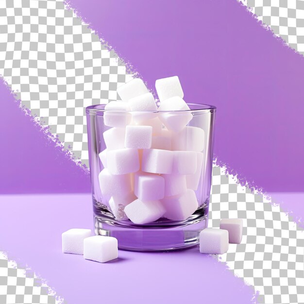 PSD Фиолетовый фон со стеклом, заполненным кубиками сахара, иллюстрирующий концепцию диеты и нездоровую пищу, связанную с сахарным диабетом.