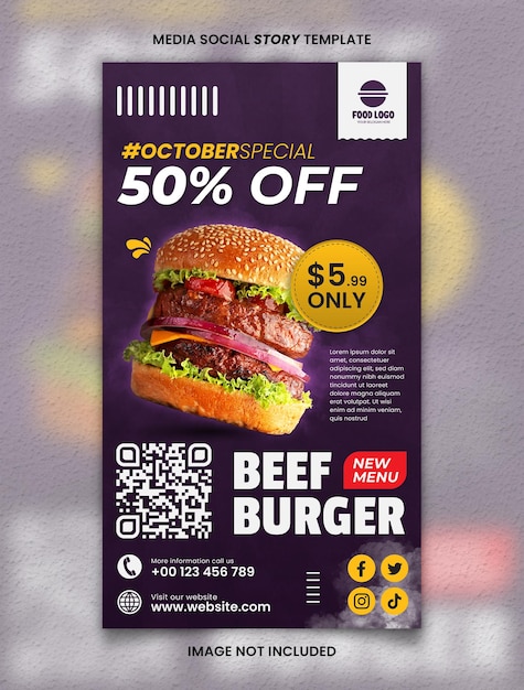 Purple Beef Burger Food Menu And Restaurant Media Social Story Post Template